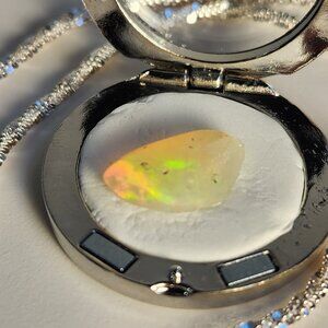 VID! NIB VTG Natural Fire Opal Rough Floating Locket 20" Necklace 925 Silver 20"